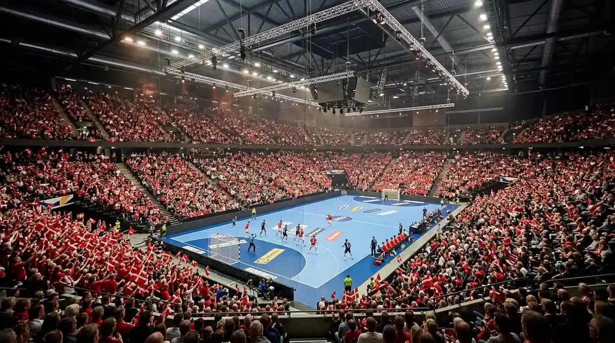 Udsolgt dansk indendørs håndbold-arena fyldt med tilskuere under en slutrundekamp