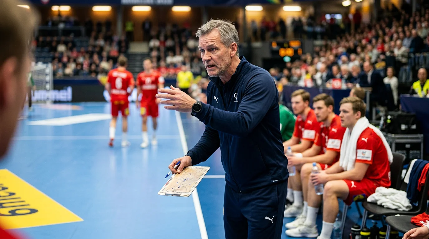 Dansk håndboldtræner signalerer til sine spillere under en timeout, mens kampens odds bevæger sig i realtid